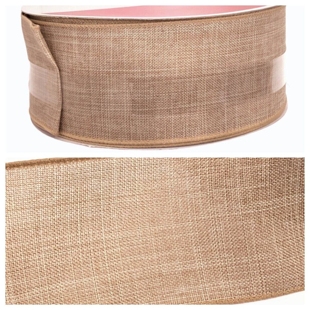 Celebrate It Wired Ribbon Christmas Wreath Tan Faux Linen Jumbo 2.5 in × 75 ft
